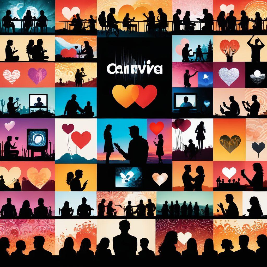 A captivating collage depicting diverse forms of intimate media, with silhouettes of engaged viewers immersed in vibrant screens. Include elements like streaming symbols, hearts, and a warm color palette that convey connection and engagement. The background should blend softly into an enchanting abstract design symbolizing the journey of media transformation. super-realistic. warm colors. dynamic composition.